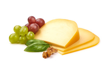 Hard Dutch gouda cheese, isolated on white background