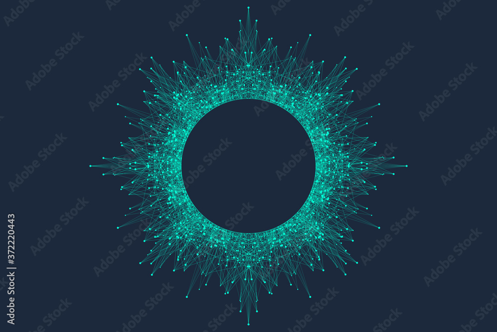 Fototapete Quantum computer technology concept. Sphere explosion background. Deep learning artificial intelligence. Big data algorithms visualization. Waves flow. Quantum explosion, vector illustration.