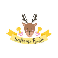baby shower frame card with reindeer and welcome baby lettering hand draw style