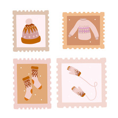 postage stamps with knitted winter warm items