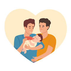 young gay dads together feed the baby from a baby bottle. The men hold the baby in their arms and give him milk. Vector illustration in a flat style on the background of the heart