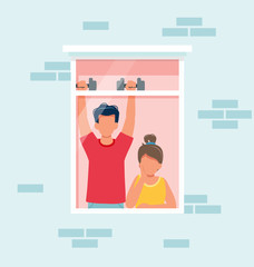 Stay home concept. Man and woman looking out from window. Social isolation during epidemic. Cute illustration in flat style