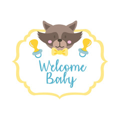 baby shower frame card with raccoon and welcome baby lettering hand draw style