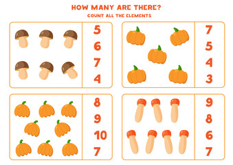 Fototapeta na wymiar Count amount of all pumpkins and mushrooms.