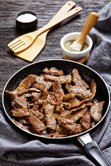 tender and juicy strips of fried ribeye beef steak