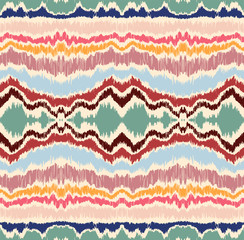 Ikat border. Geometric folk ornament. Ink on clothes. Tribal vector texture. Seamless striped pattern in Aztec style. Ethnic embroidery. Indian, Scandinavian, Gypsy, Mexican, African rug.