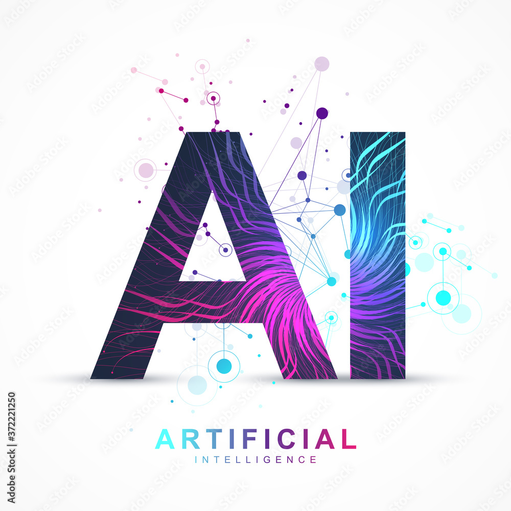 Aufkleber Artificial Intelligence and Machine Learning Vector Concept in Neural Network. AI Web Banner Design with Human Face. Wave Flow Communication. Digital Network for Artificial Intelligence Deep Learning.