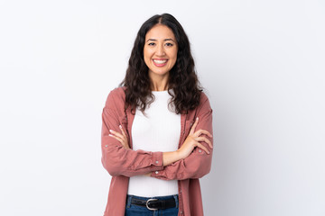 Spanish Chinese woman over isolated white background laughing