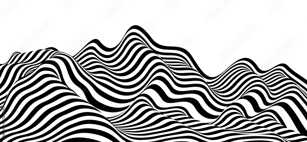Poster 3d black and white lines in perspective abstract vector background, linear perspective terrain patte