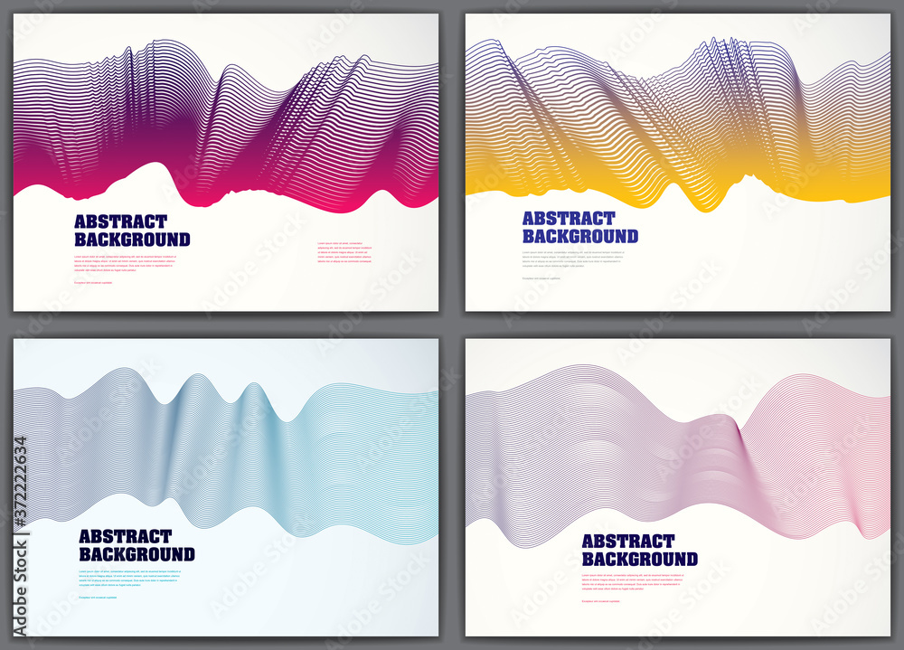 Poster wavy lines vector fluid abstract backgrounds set. 3d colorful gradient motion art. lined texture, dy