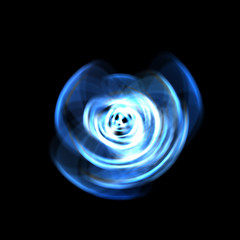 Spinning rays of light isolated on black background. Graphic 2D illustration of glowing colorful light particles in circular motion.