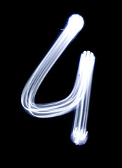 Number 4 four, made with photo light painting technique isolated on black. Set of bright glowing numbers hand drawing with light