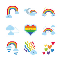 bundle of nine rainbows and kawaii characters icons