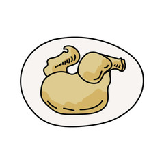 Fried chicken on a plate, hot meat dish, illustration for menu, postcard, vector hand draw illustration