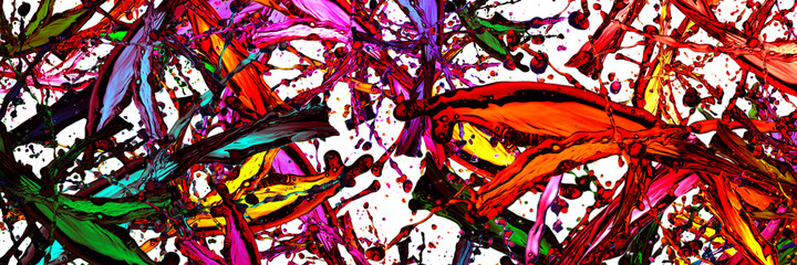 colored splashes in abstract shape over white background, panoramic image