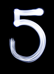 Number 5 five, made with photo light painting technique isolated on black. Set of bright glowing numbers hand drawing with light