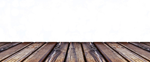 empty wooden table top view over sparkle light background