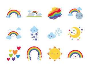 bundle of twelve rainbows and kawaii characters icons