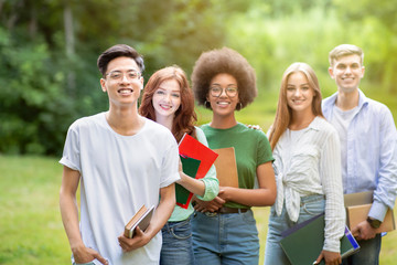 Summer Language School. Happy International Students Posing Outdoors Together, Smiling At Camera
