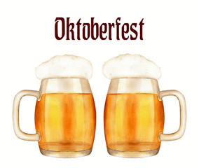 Two beer mugs vintage watercolor illustration isolated on a white background suitable for Oktoberfest festival