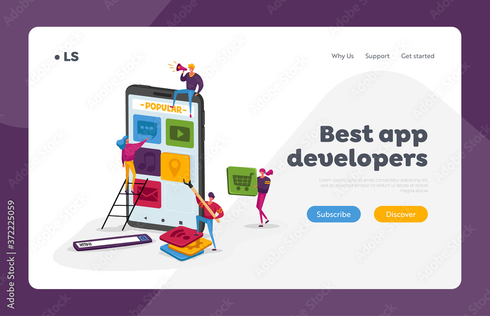 Poster mobile app development landing page template. tiny characters put icons on smartphone screen, people
