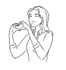 Silhouette of a girl in love who shows a heart symbol with her hands. Black outline on a white background. Digital illustration