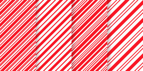 Naklejka premium Candy cane seamless patterns. Christmas striped red background. Vector. Set cute caramel package prints. Xmas holiday diagonal lines. Peppermint wrapping texture. Abstract geometric illustration.