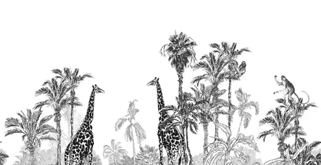  Panorama View Giraffe in Jungle Trees, Palms Wildlife Etching Black and White Seamless Border Back Drop Toile © Irina