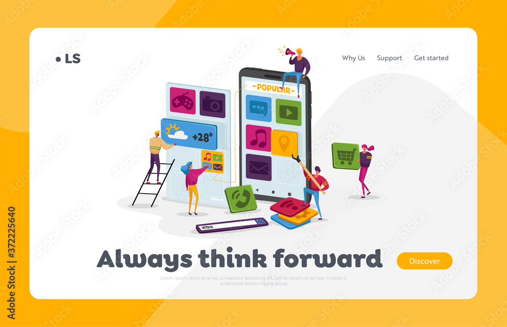 Poster designers create mobile application landing page template. characters work at huge smartphone put ap