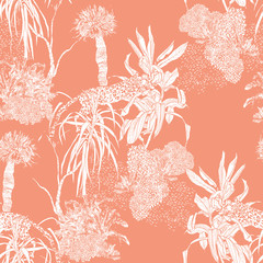 Sleeping Leopard on Tree Tropical Jungle Plants Seamless Pattern, Wild Cat Hidden in Leaves, Pink and White Wildlife in Tropics Engraving Toile - 372225678