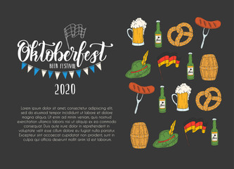 Oktoberfest celebration poster with hand made lettering and icons of glass of beer, hat, flag garland, pretzel, sausage. Beer festival 2020. Sketch.Oktoberfest design for menu, banner, flyer, brochure