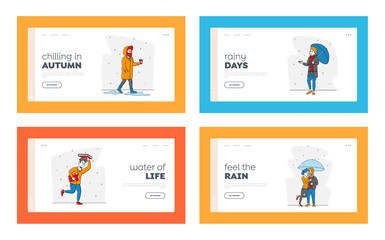 Obraz na płótnie Canvas Wet People at Rainy Day Landing Page Template Set. Happy Drenched Passerby Characters Wearing Cloaks with Umbrellas Walk
