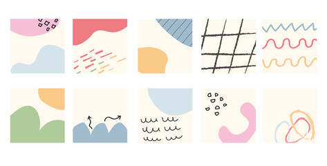 Set of different abstract backgrounds. Hand drawn various shapes and doodle objects. Contemporary modern trendy vector illustrations. Visual design for your social networks, personal blog, shop.