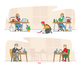 Social Distancing Concept. Office Characters in Medical Masks Work on Laptops. People Eating in Cafe during Coronavirus