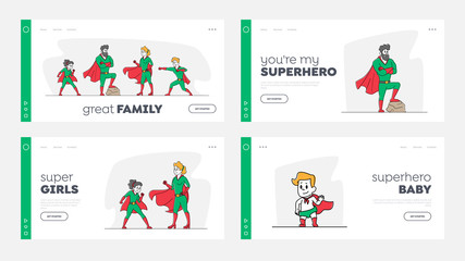 Super Family Landing Page Template Set. Mommy, Daddy and Children in Superhero Costumes. Characters Super Heroes Posing