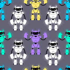 Set of cute colored robots. Seamless pattern with bots for print.