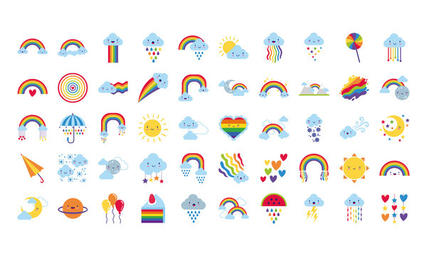 bundle of fifty rainbows and kawaii characters icons