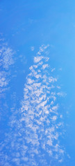 Vertical panorama of a blue sky with beautiful white clouds.
