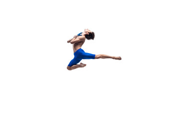 Arrow. Male modern ballet dancer, art contemp performance, blue and white combination of emotions. Flexibility, grace in motion, action on white background. Fashion and beauty, artwork concept.