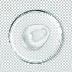 Transparent gel smudge in petri dish isolated realistic vector illustration. Concept laboratory tests and research, making cosmetics. Smear of facial cleanser, peeling, shampoo or shower gel, above