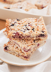 Crumble pie  filled with berries jam and powdered with glaze sugar