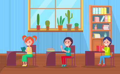 Kids on lesson vector, children sitting by desks with books and supplies. Back to school concept, flat cartoon classroom interior with bookcase and plant decoration