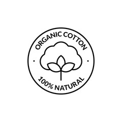 100% Natural Organic Cotton Icon. Vector badge, logo or label. Minimalistic illustration in line art style