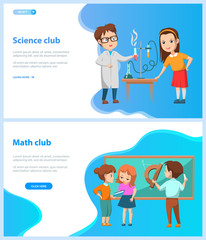 Science and math club vector, back to school concept. Chemistry lesson with experiments, children reading books and solving problems, geometry class by blackboard. Website or webpage template, page