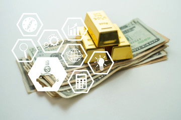 Us. dollar and gold bar with business icons. financial concept, online business profit, investment strategy, e-business, earn money on internet, e-commerce