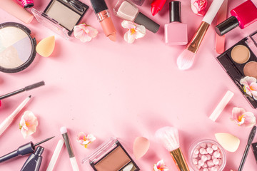 Makeup products with spring flowers