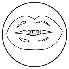 lips and teeth with braces, icon in line art style