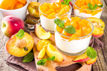 Curd or yogurt dessert with peaches