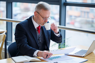 Adult male businessman working on a new project and looking at stock growth charts. Sits at a large window at the table. Looks at the laptop screen and drinks coffee.