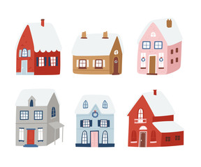 New Year and Christmas home set. Stylized winter cute cozy houses. Winter City collection. Vector illustration holidays elements on snow background. Good for design, cards or posters.